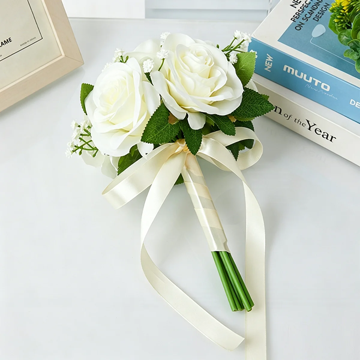 Ivory White Artificial Rose Bridal Bouquet with Baby Breath Green Leaves Satin Ribbon, Round Wedding Hand Flower for Bride Engag