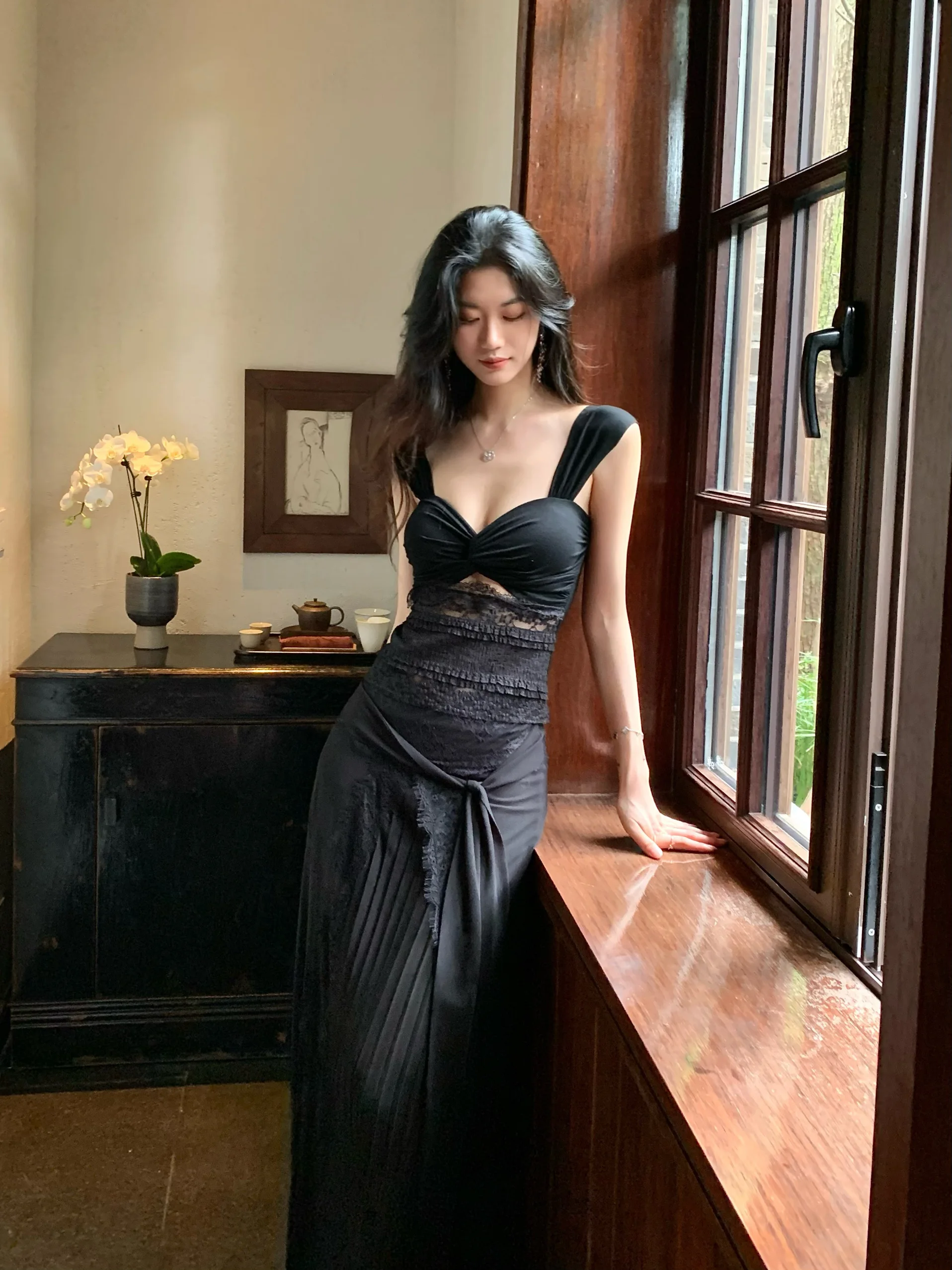 

Norain Bla Lace Hollow out Strap Splicing Long Dr Two Piece Set Women's Ele Sle Summer Faion Ensemble Cotton Fabric