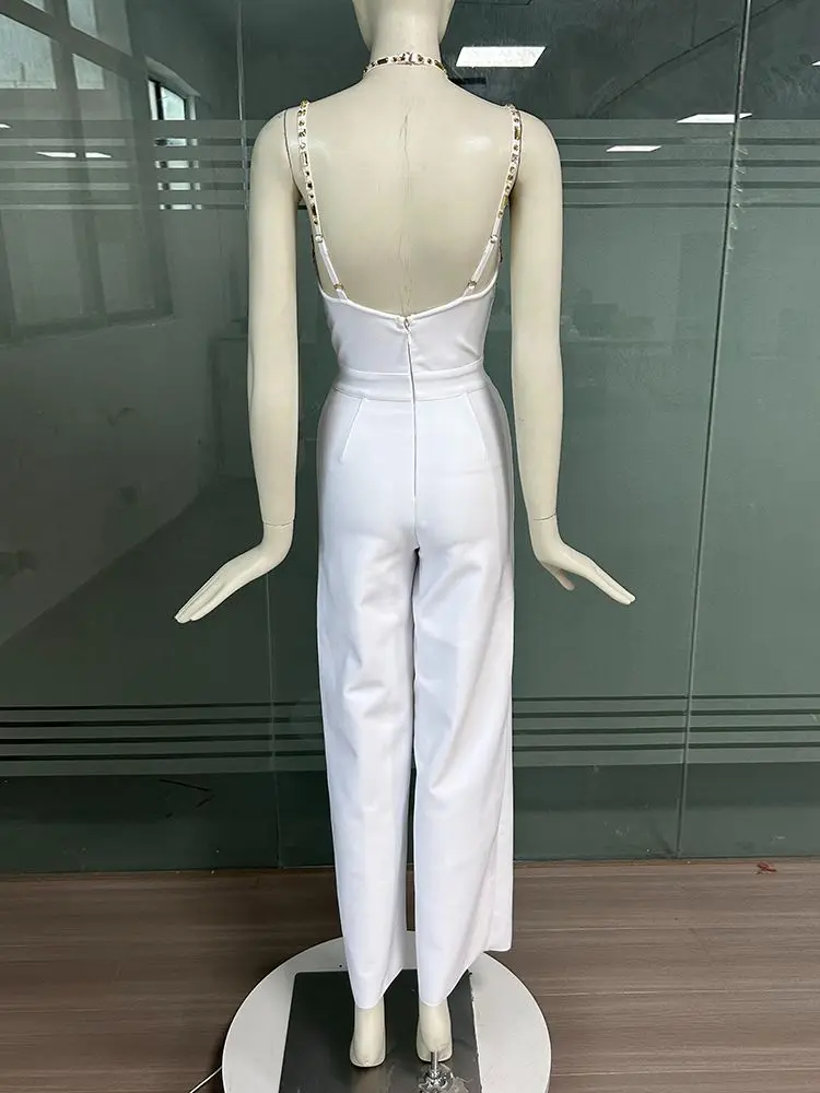 2023 New Summer Women\'s Sexy Backless Sleeveless Luxury Crystal Diamond V-Neck Tight White Tight Bandage Jumpsuit