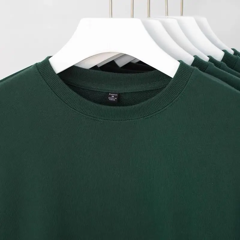 Spring Autumn 460g Heavy Cotton Dark Green T-shirt Round Neck Sweater Men Women Loose Casual Bottoming Tops