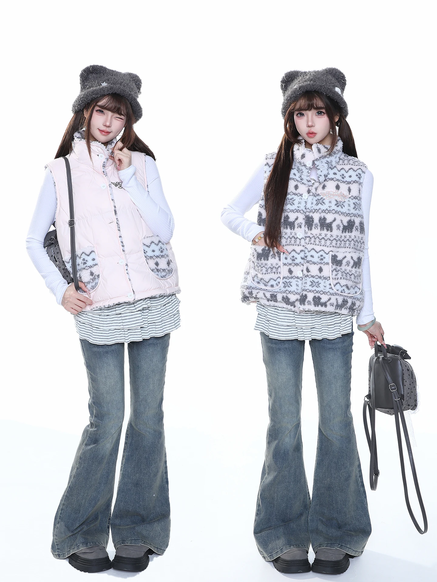 Women's Thickened Lamb Fur Stand Collar Vest Winter Warm Casual Style Layering Clothing Cotton Outerwear Jacket