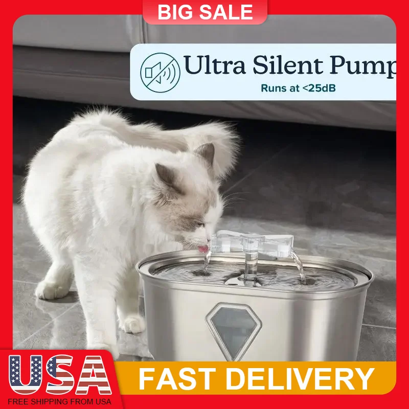 

3.5L Stainless Steel Cat Water Fountain Pet Dispenser Multi-Filtration Quiet USB Power 2 Filters Clear Window Dishwasher Safe