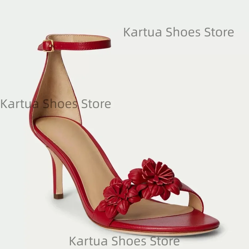

Women's Leather 3D Floral Embellished Ankle Strap Square Toe Stiletto Heel Sandals Gold Buckle Design Elegant Ladies Dress Shoes