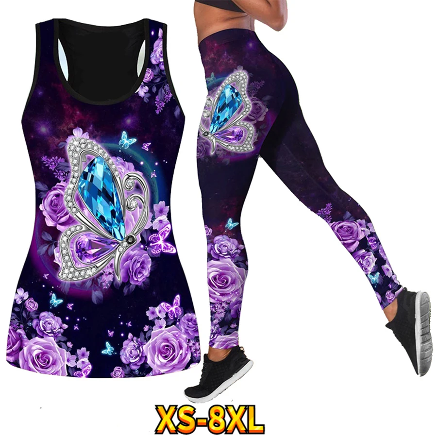 Stylish and Sexy Fall Yoga Pants Vest Set Ladies Colorful Butterfly Print Casual Sports Leggings Set XS-8XL