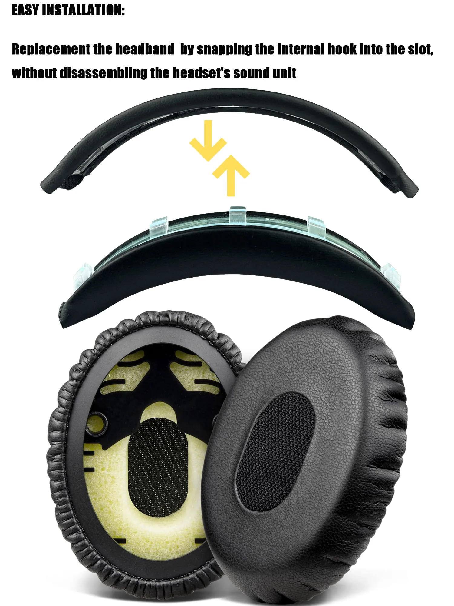 (Do Not Fit OE1) Snap On Headband + Earpads Kit for Bose QuietComfort 3 QC3 Headphone Replacement Headstrap Ear Pad Cushion