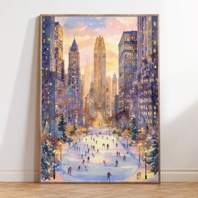 Winter New York City Canvas Wall Art Unframed Print Christmas Ice Skating Scene Poster for Festive Home Wall Decor