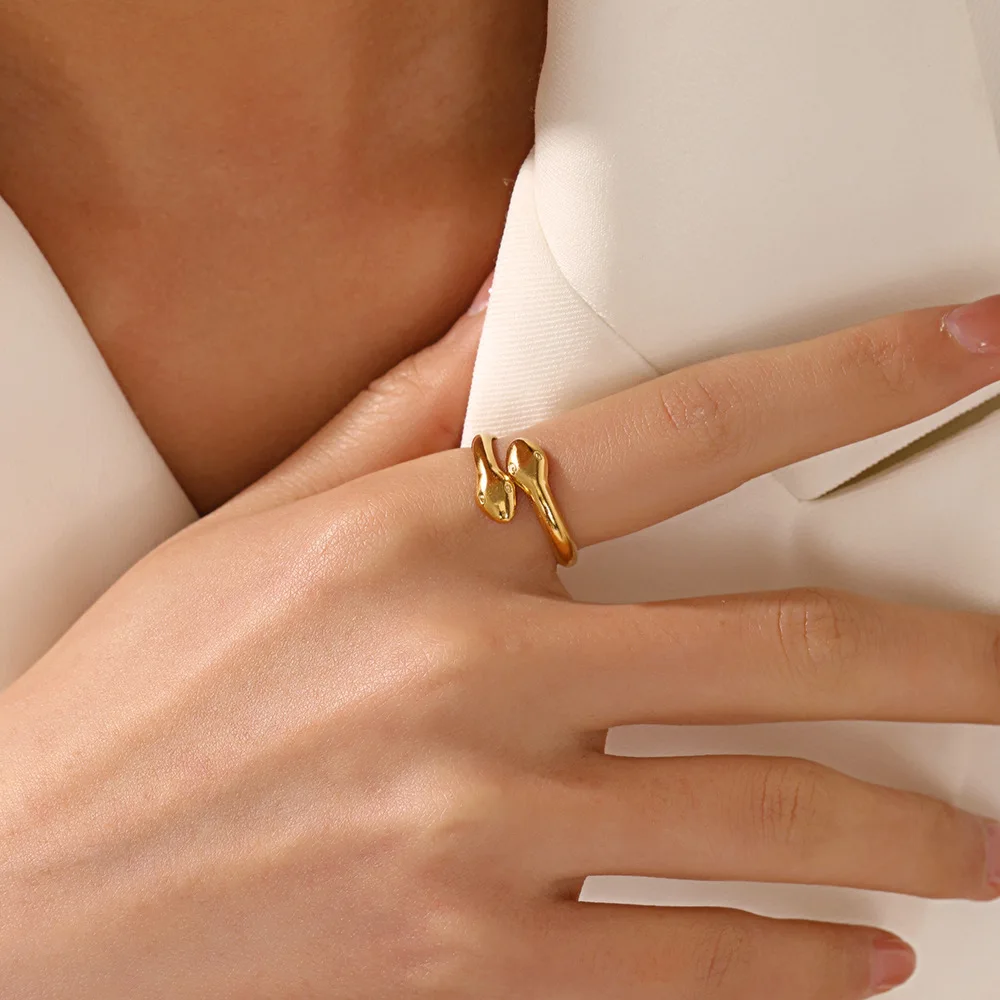 Stainless Steel Rings For Women Girls Two-headed Snake Gold Color Silver Color Open Finger Rings Kpop Jewelry Wedding Party Gift