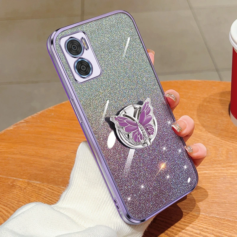 

Case For MOTO E22 E22I Motorola Moto E22 E22I Gradient Glitter Butterfly Bling Folding Stand Plating Back Cover E22 22 22I