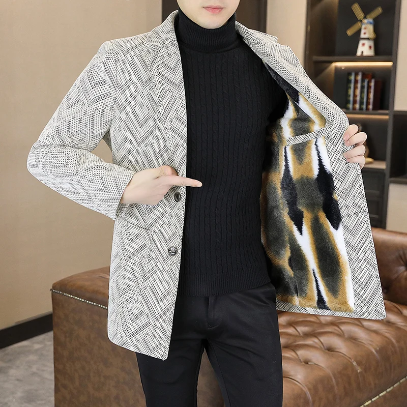 Casual Men's Striped Fleece Thicken Woolen Coat 2026 Winter Outwear Warm Plush Top Overcoat Slim Fit Windbreaker Jacket Clothing