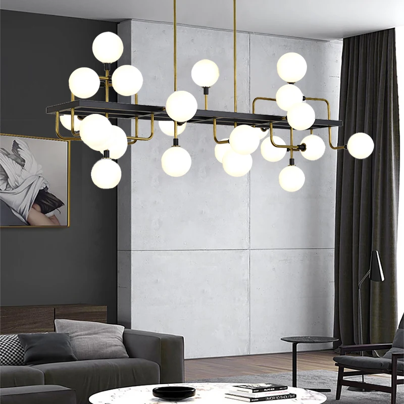 فقاعة زجاجية طويلة ثريات السقف 2024 المنزل Led الإضاءة الذهبي الأسود الحديثة مصابيح معلقة لغرفة المعيشة ديكور لماعة