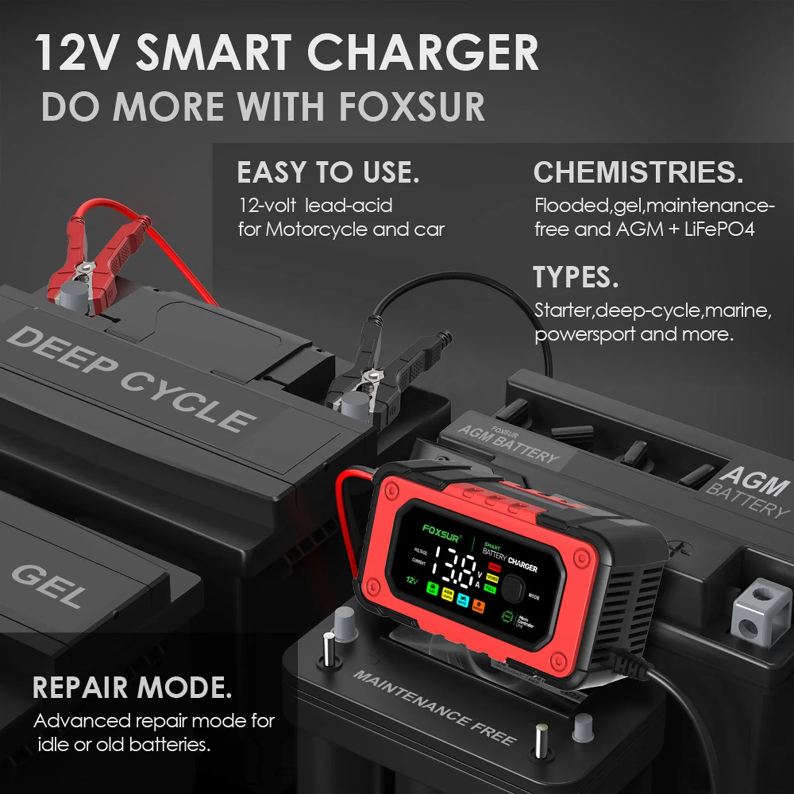 FOXSUR Smart Car Battery Charger 12V 7A Multiple Protection AGM Lithium Iron Lead-acid Charger for Car SUV RV Motorcycle Truck