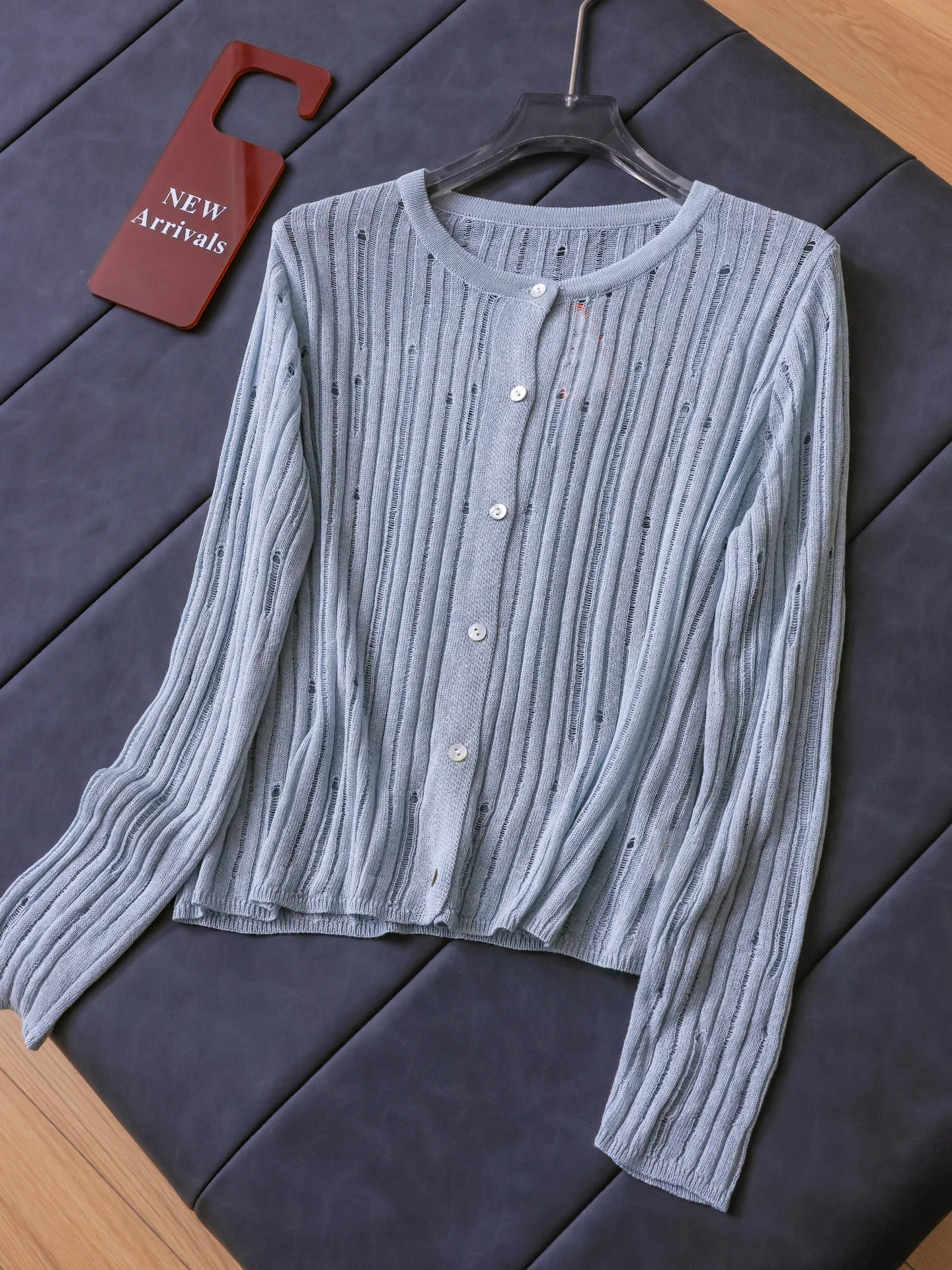 Pure Color Hollow Thin Sun Protection Long Sleeve Air Conditioned Knitwear round Neck Summer New Style Women's Soft Casual Wear