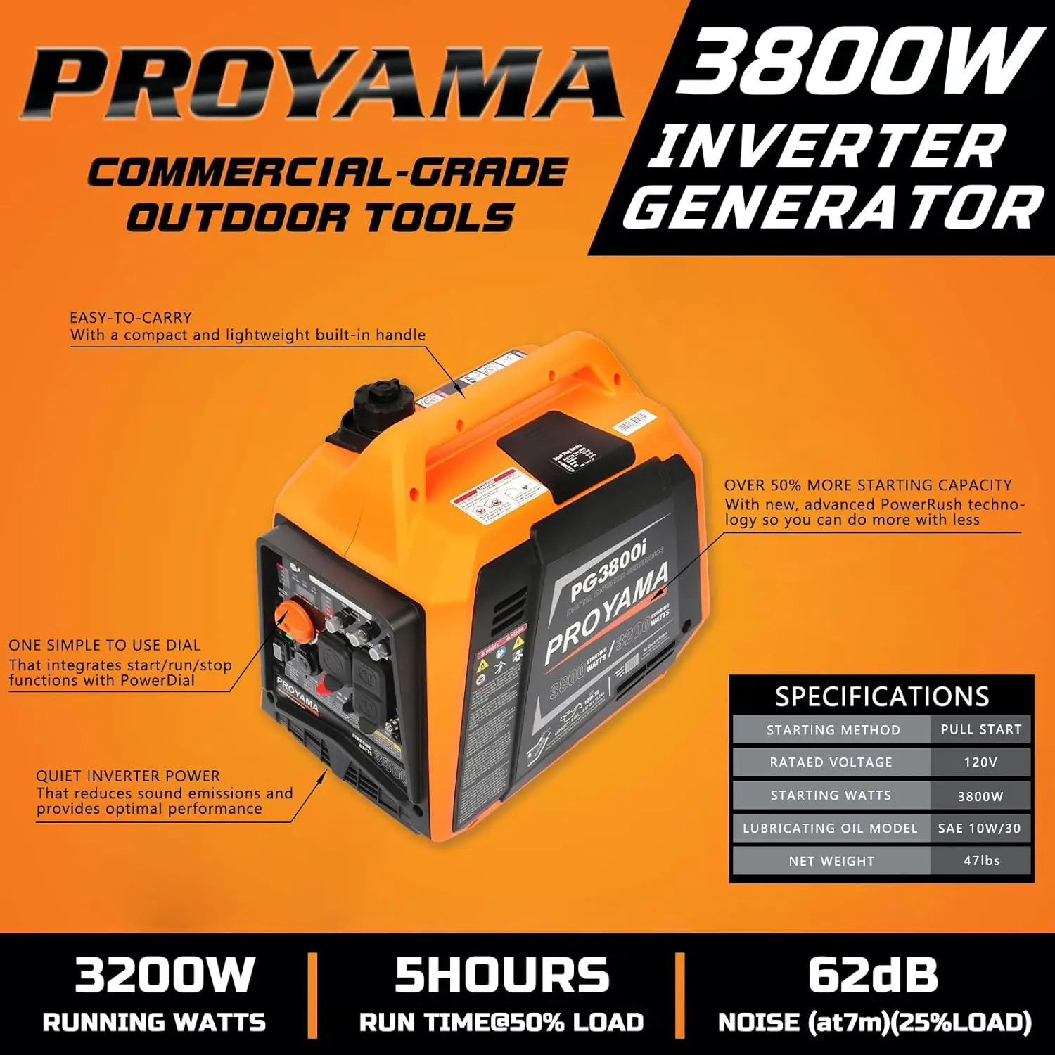 PROYAMA-Gerador Inversor Portátil, 3800 Watt Gás Gerador, Home Backup, RV, EPA, CARB Compliant, Super Quiet, Peso leve