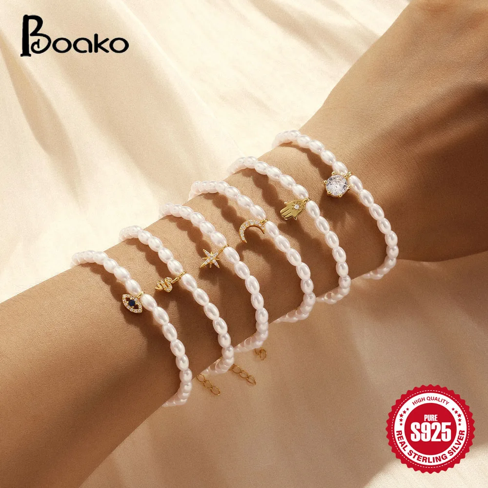 BOAKO S925 Sterling Silver Bracelets For Women French Millet Pearl Six Claw Zircon Female Bracelet Snake Plam Evil Eye Bangle