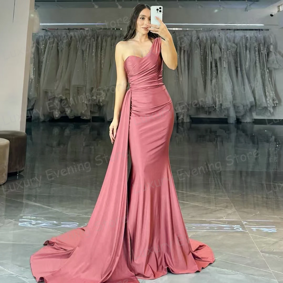 Simple Evening Dresses Woman's Mermaid Sleeveless One Shoulder Prom Gowns Pleat Satin Smooth Vestidos Para Mujer Customized 2025