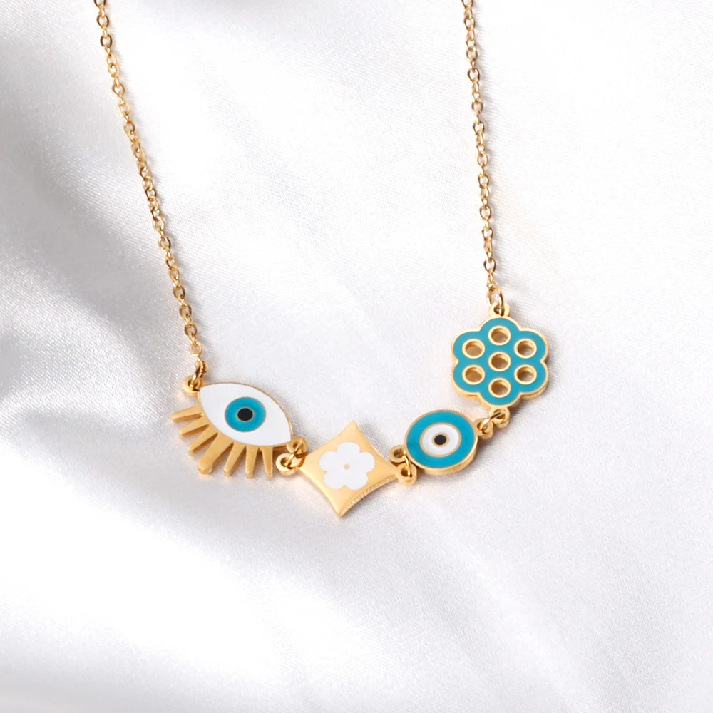 Simple Blue Turkish Evil Eye Lucky Flower Charm Necklace For Women Girls Thin Stainless Steel Chain Choker BFF Jewelry Gifts