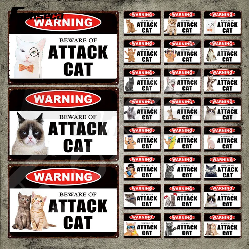 

Warning Cute Cats Metal Sign Warning Beware of Attack Cat Vintage Tin Sign Plate Wall Art Stickers Iron Painting for Home Decor