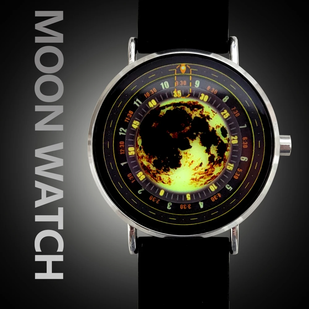 創造性あふれるデザインのムーンウォッチ、超薄型クォーツ時計、シリコンストラップ、針なし腕時計