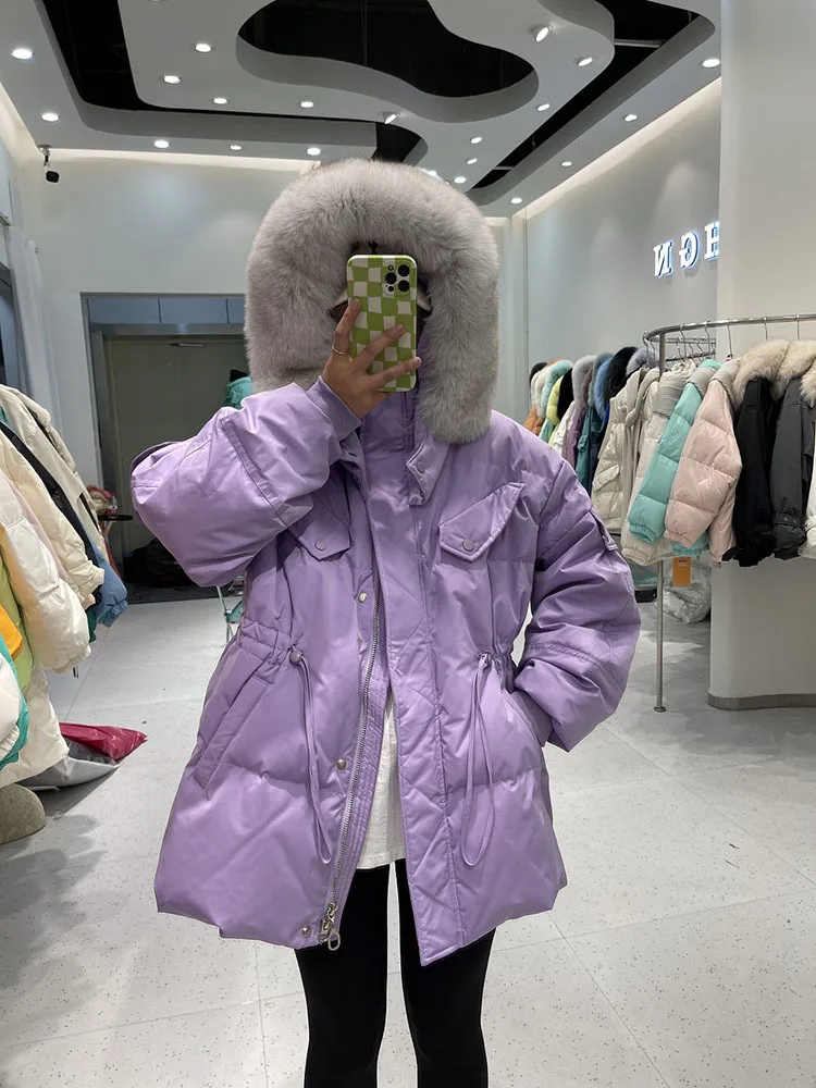 Women Autumn Winter Loose Padded Zipper Solid Color Jacket Hooded Stand Fur Collar Pocket All Match White Duck Down Coat 2023