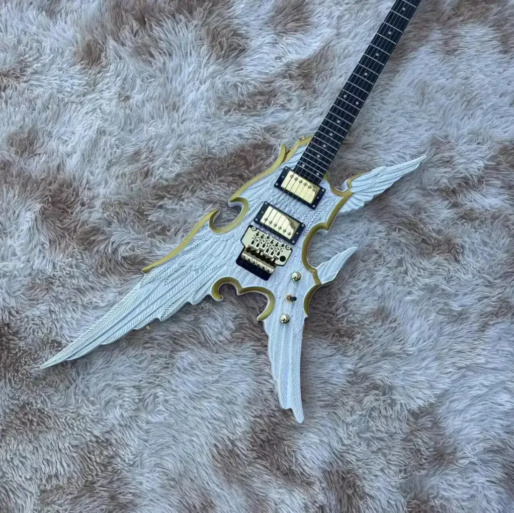 Handmade 2026 Engraved Angel Wings 6-string Split Guitar White Body with Gold guitar