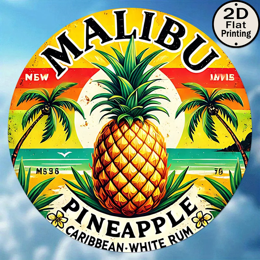 [2D Flat] 1pc 2D Flat Printing, Vintage 8x8 Round Metal Wall Tin Sign, Malibu Pineapple Rum, tropical paradise, Metal Art Decora