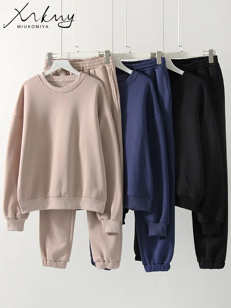 MiuKoMiYa Women Pant Sets Winter Two Piece Sets Women Tracksuit Loose Fleece Outfit O Neck Sweatshirts Women 2 Piece Set Outfit