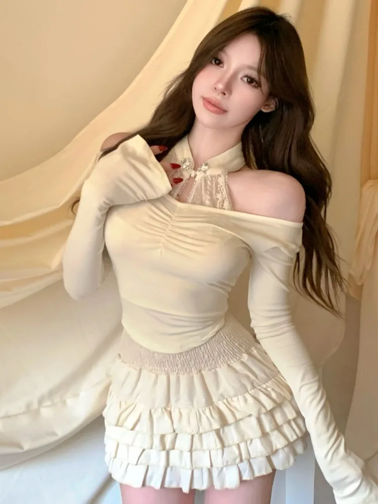 

Elegant Long Sleeve T-Shirt Women's Sexy Hollow out Neck Design Mesh Hanging Shoulder Short Top Spring Autumn New Style