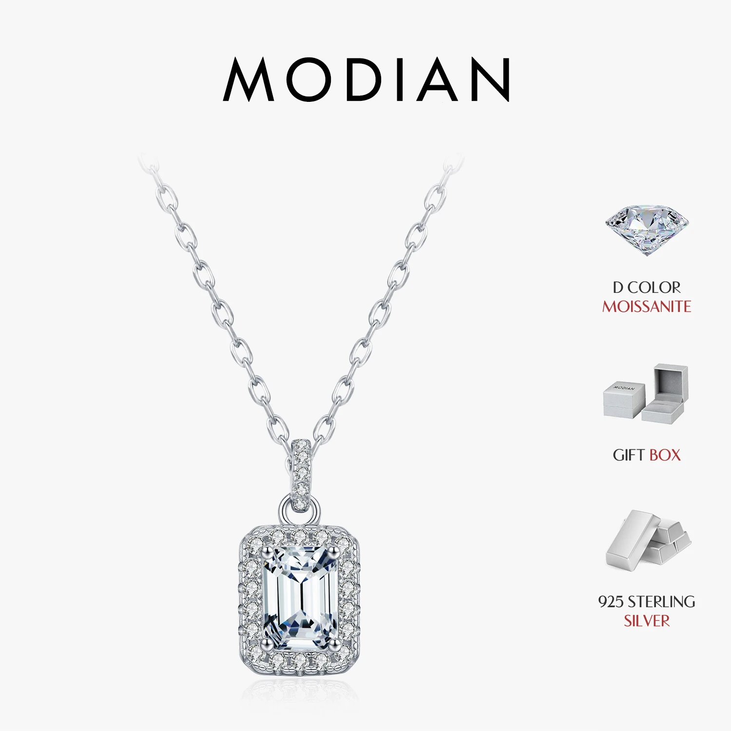 MODIAN 1CT D Color Emerald Cut Moissanite Halo Necklace 925 Sterling Silver Rectangle Wedding Pendant Necklace For Women Jewelry