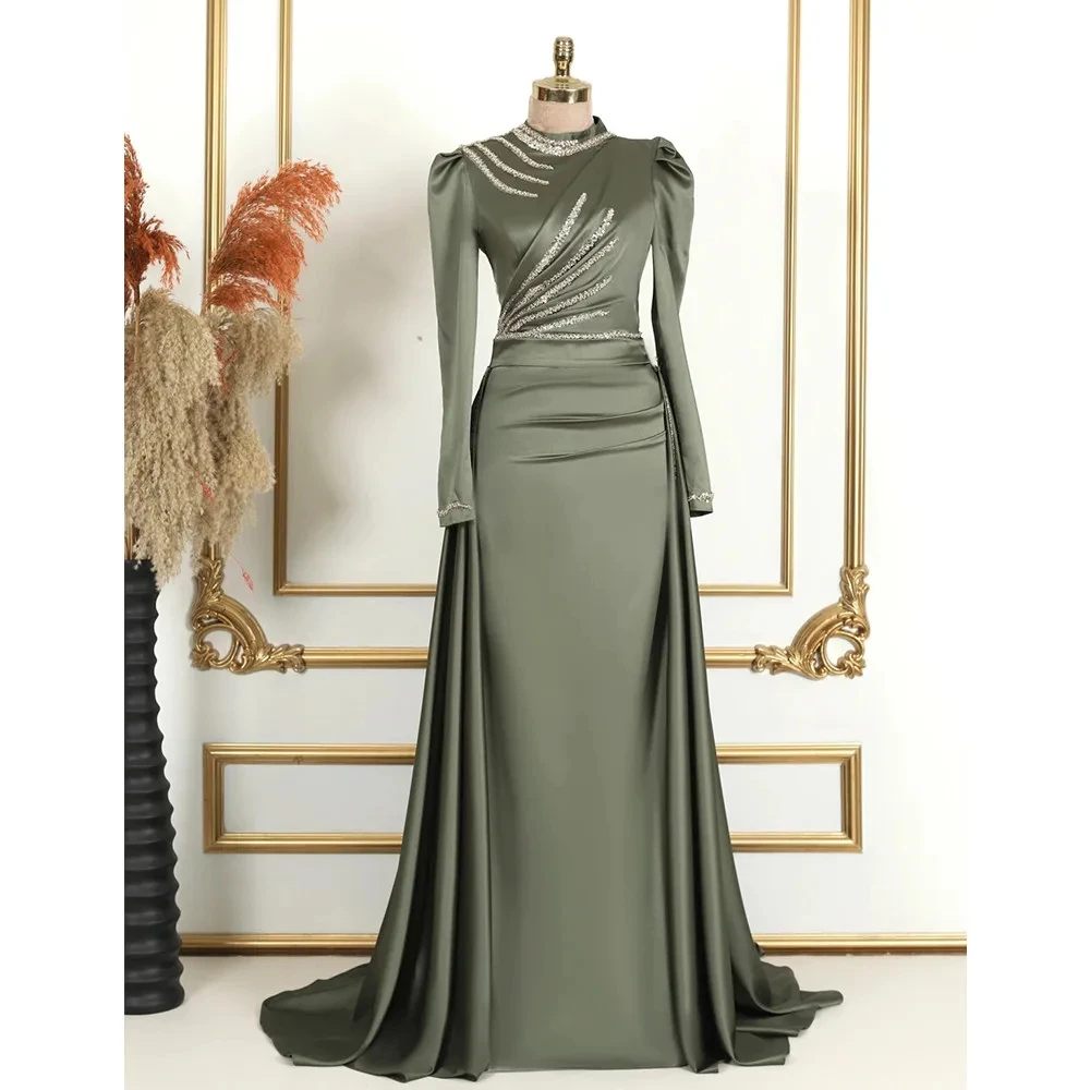 

Flora Dress Green Satin Mermaid Muslim Evening Dresses High Neck Long Sleeves With Sequined Dubai Arabic Sweep Train Prom Gowns