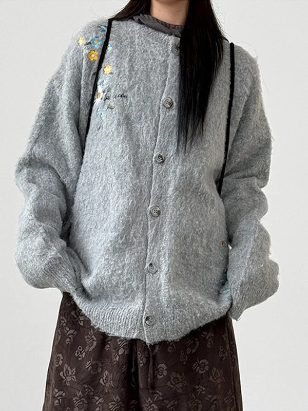 Cárdigan abierto con bordado Floral Retro para mujer, suéter elegante para otoño e invierno, chaqueta holgada y versátil de punto