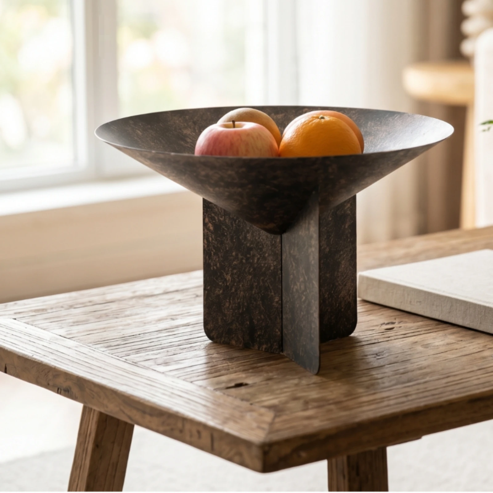Tray with Geometric Base Distressed Decorative Tray Sculptural Bowl Vintage Decorative Footed Bowl Metal for Home Decorators