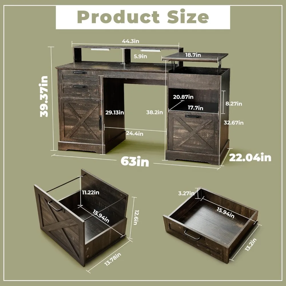 مكتب رفع على طراز المزرعة مع أدراج تخزين، ومحطة شحن، وأضواء مستشعر، وميزات ألعاب الكمبيوتر للمكتب المنزلي