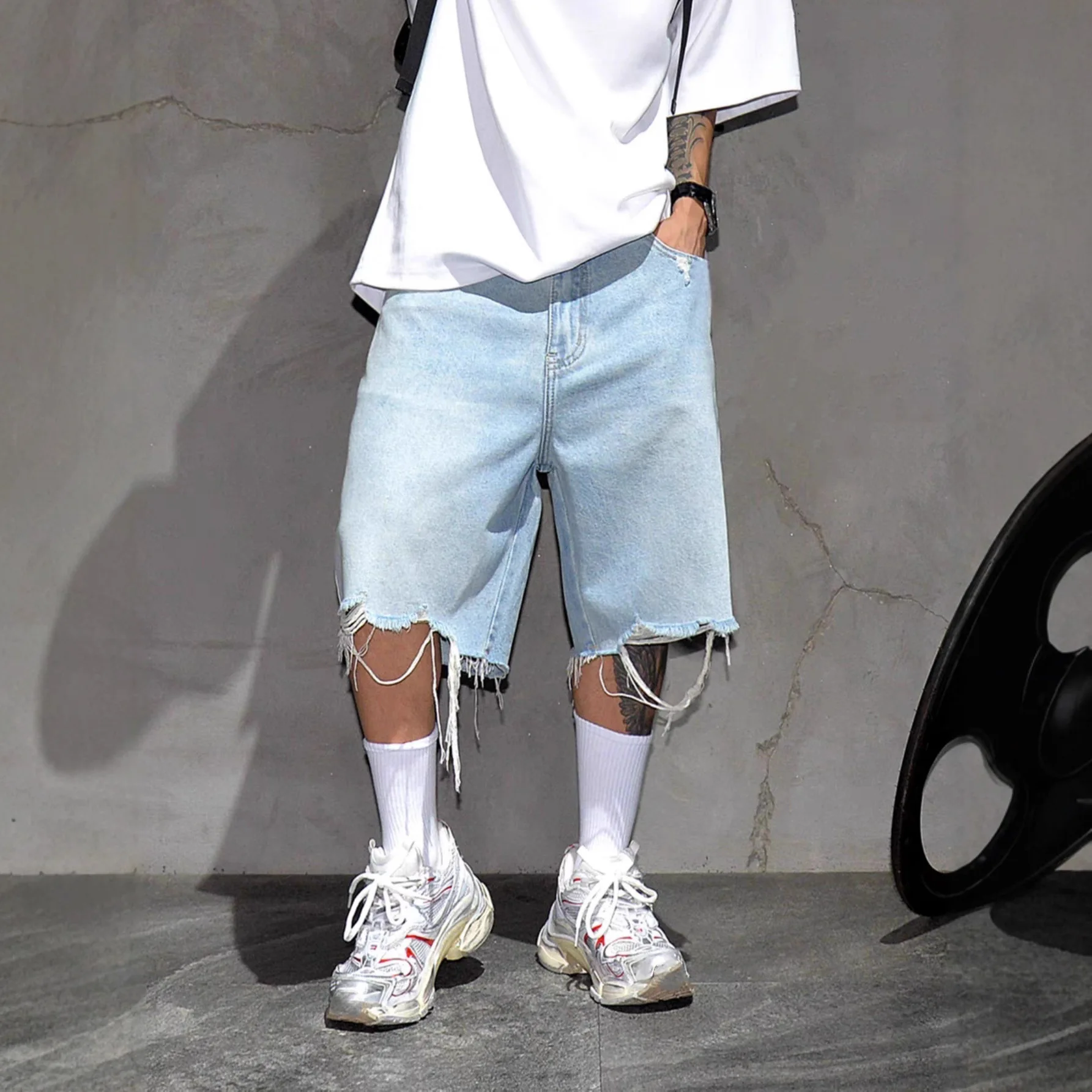 2026 Men's Summer Trend Thin Pants Burrs Denim Shorts Casual Wear Loose Five-point Pants