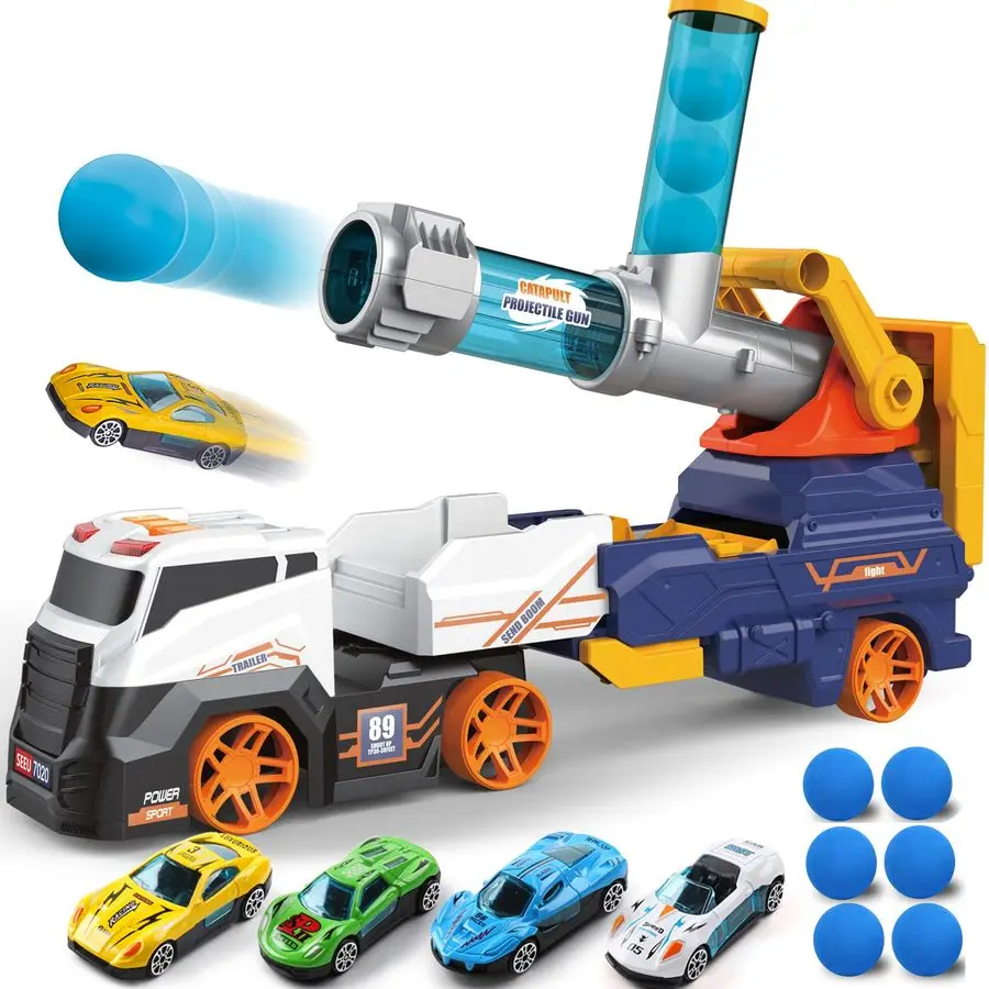 

Игровой набор Dowellin: 28 больших машинок для детей, включая 4 гоночных автомобиля, 6 мягких поролоновых шариков, со светом и звуком, функцией выброса и стрельбы.