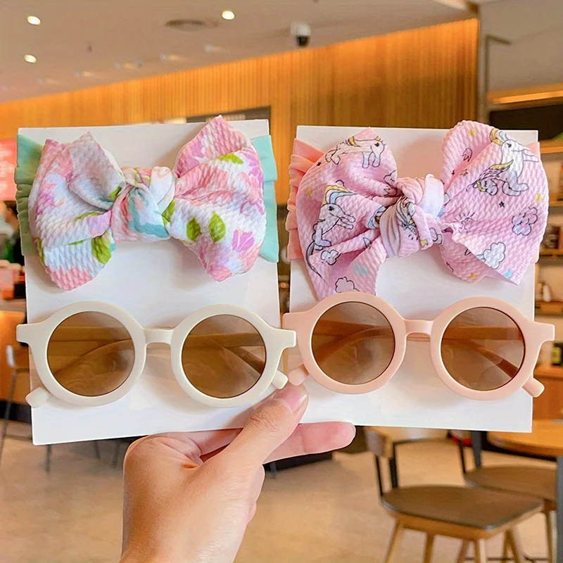Hot!2026 New 2pcs/set Children Girl Round UV400 Sunglasses With Fashion Soft Colorful Bowknot Headbands Set Kid Accessories Set