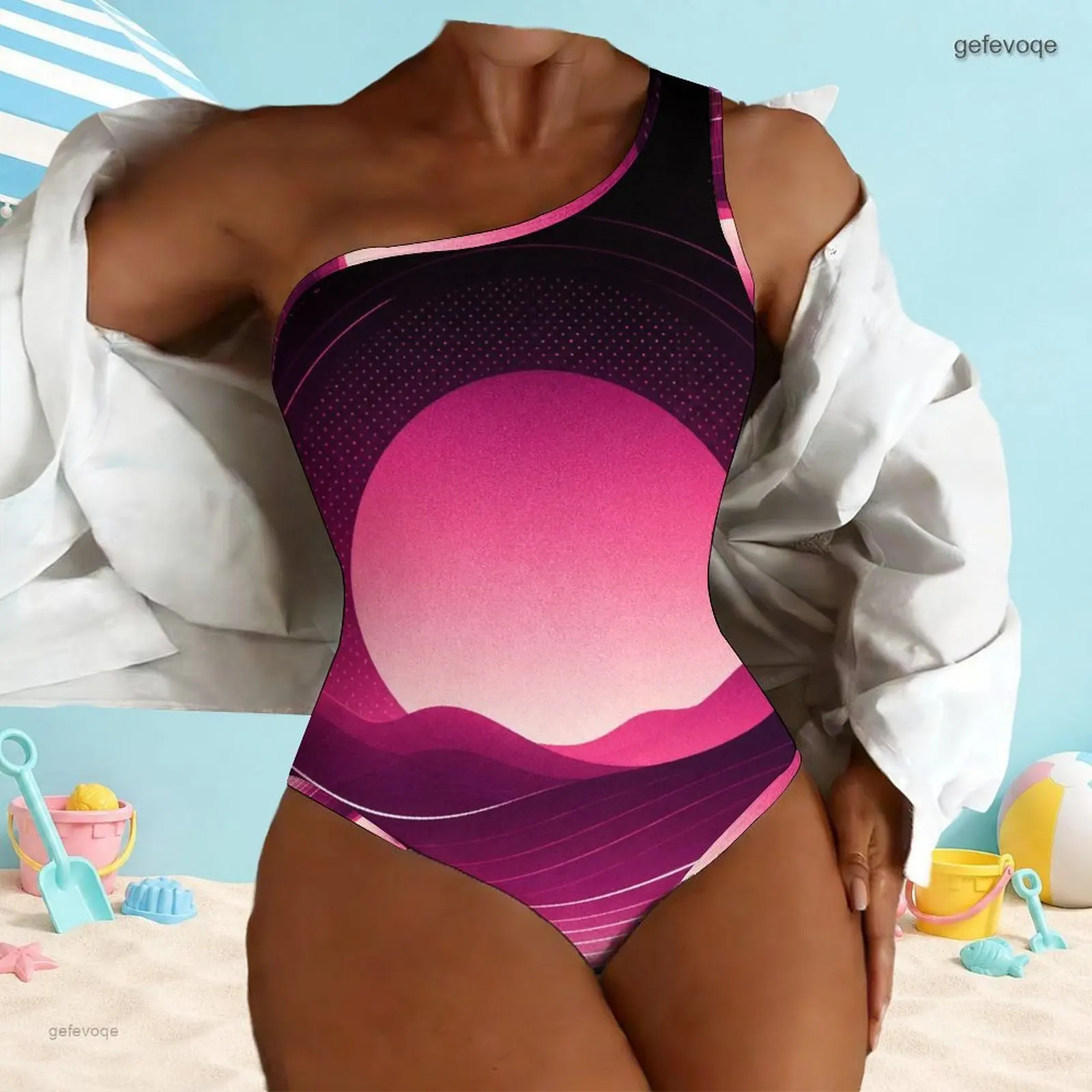 Women Printed Swimsuit One Shoulder One Piece Asymmetric Neck