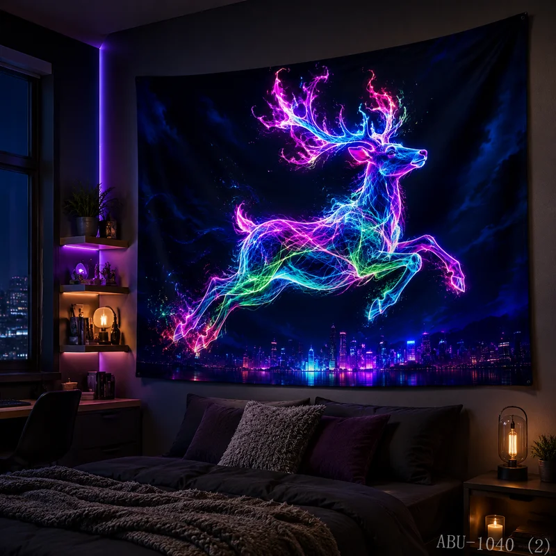 VIKAMA Neon Rainbow Fiber Optic Reindeer Running City Night Skyline Christmas Tapestry Bedroom Living Room Dorm Home Decor Soft
