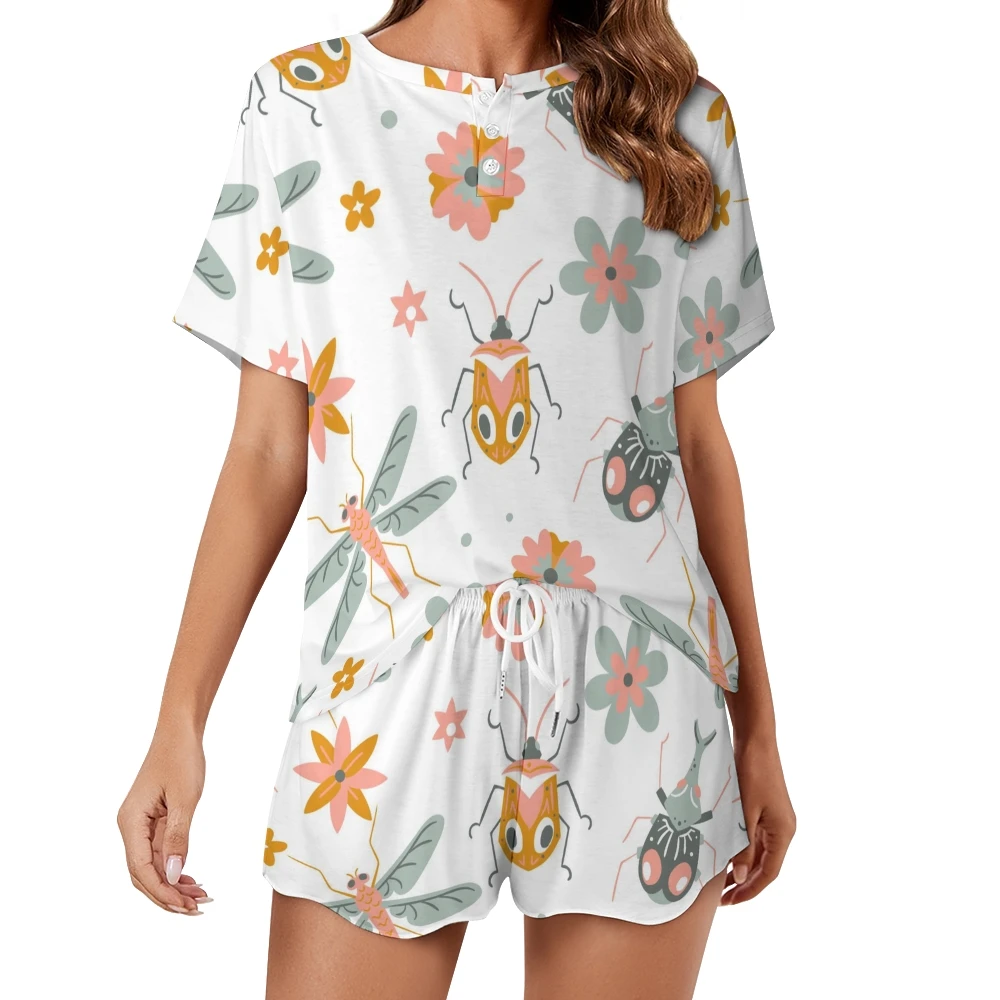 Conjunto de ropa de dormir con estampado de libélula para mujer, ropa de dormir con botones delanteros, traje de casa de verano, 2 piezas