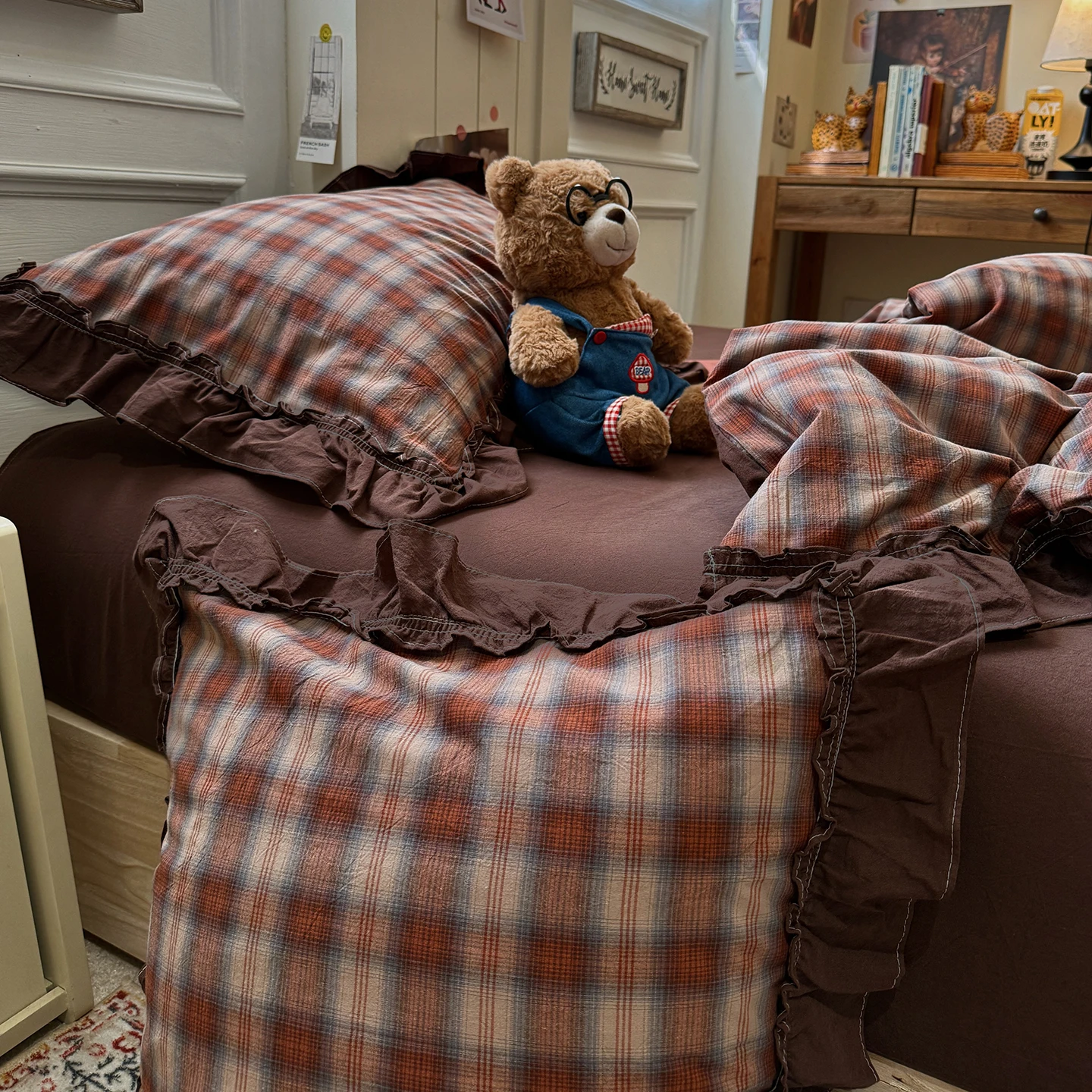 3pcs Elegant Plaid Ruffled Duvet Cover Set (1*Duvet Cover + 1*Pillowcase+1*Flatsheet), Luxury Cotton Single Bedding 150×200cm