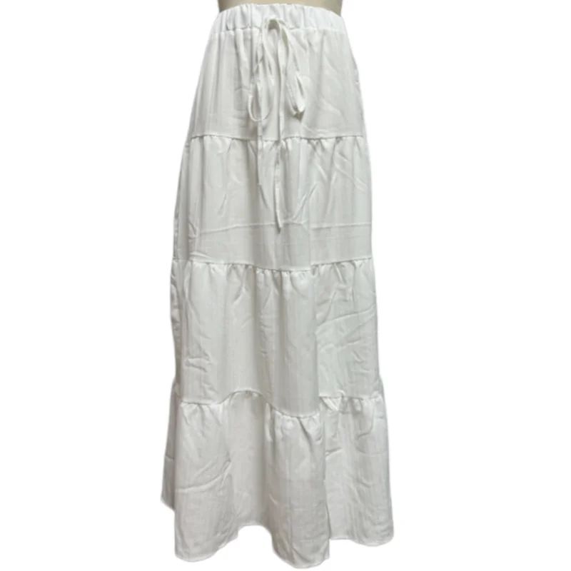 Soft Women Skirt A Line Flowy Swing Skirt Breathable Solid Color Elastic Waist Drawstring Pleated Casual Skirt