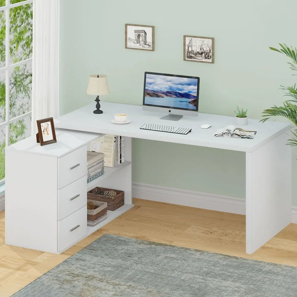 White L Shaped Desk with Drawers Shelves, Corner Home Office Desk L Shape with Storage Cabinet