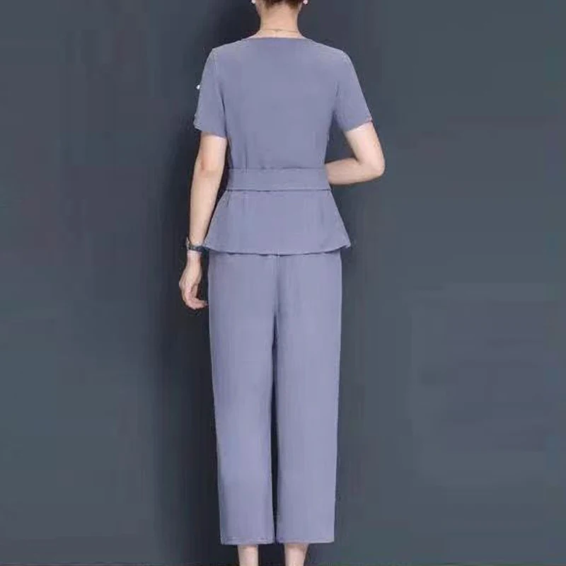 Conjunto de calças retas de cintura alta e manga curta sólida feminina, blusa elegante, moda coreana, arco plissado, verão, 2 peças, 2022