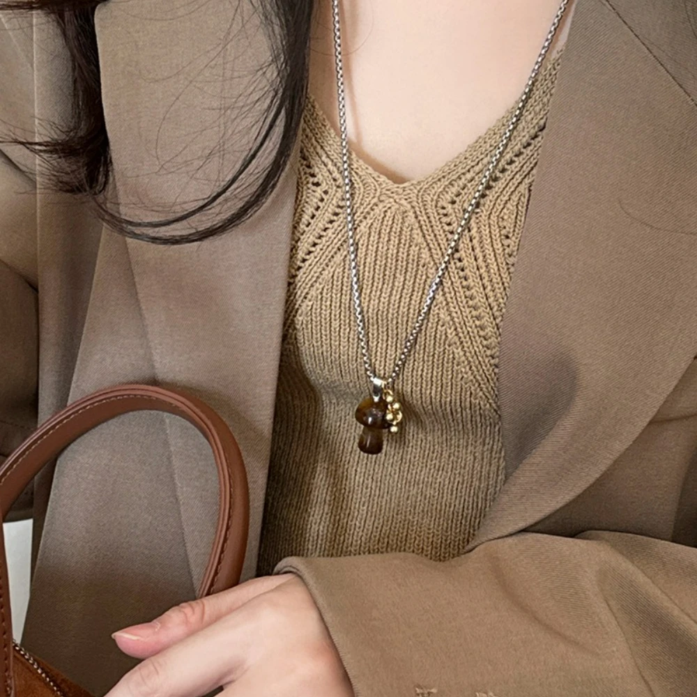 

SUMENG New Spotted Tiger Eye Stone Mushroom Pendant Long Versatile Clavicle Chain Necklace for Women Fashion Accessories Gifts