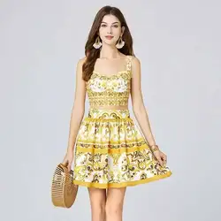 Runway Designer Summer Holiday Yellow Floral Two Piece Set Women Skirts Suit Sexy Crop Tops Corset Mini Short Skirts Outfit