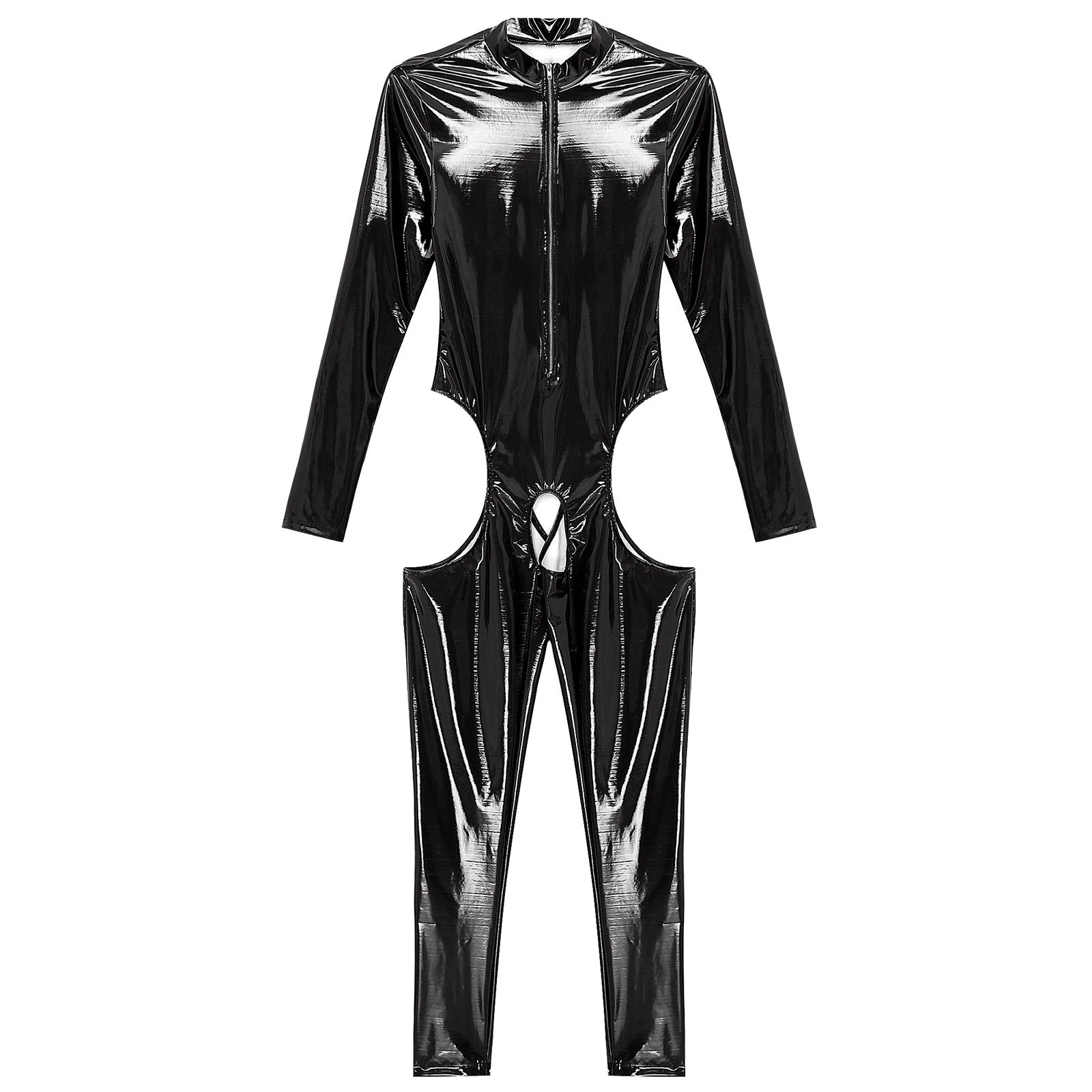 Women\'s Lingerie Hot Wetlook Zipper Bodysuit Sexy Hollow Out Crotch Jumpsuit Long Sleeve Crotchless Catsuit Rave Dance Clubwear