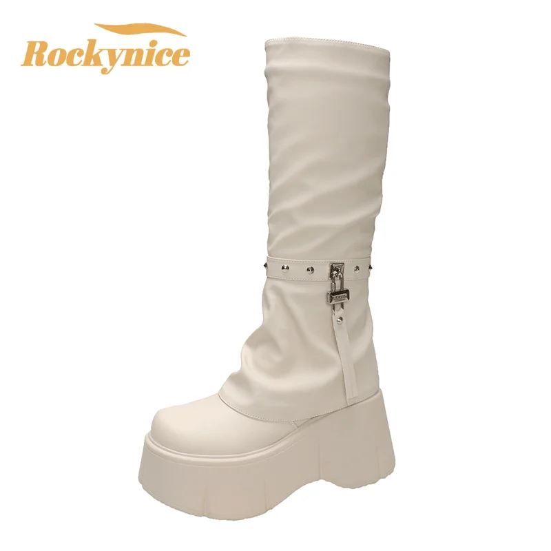 

Women Motorcycle Long Boots Autumn Winter Warm Knee High Boots Leather Booties Ladies Thick Sole Platform Botas Mujer High Heels
