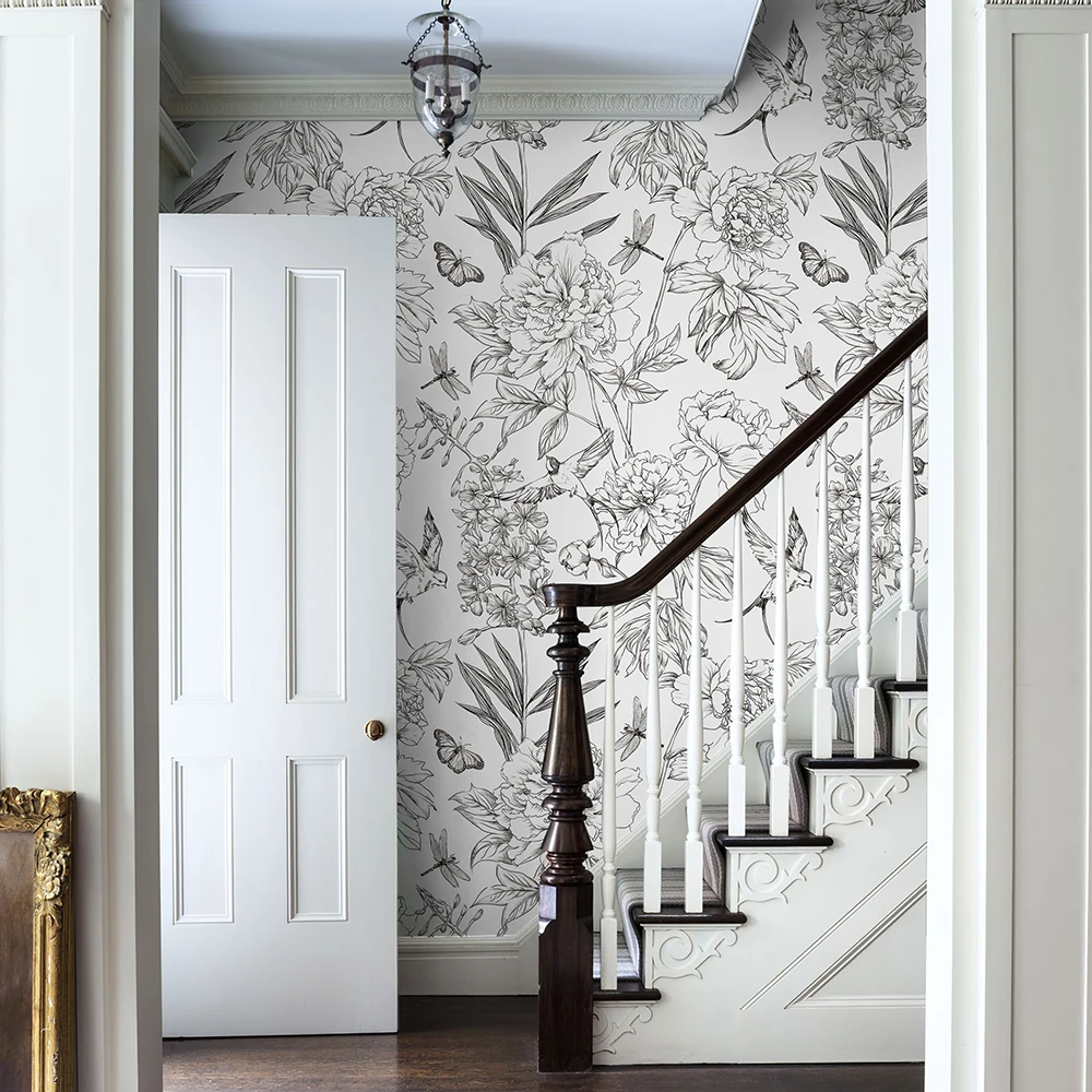 الرجعية خط رسم الأزهار خلفية الأبيض والأسود زهرة PVC خزانة أثاث ملصق خمر الطيور للإزالة جدار ديكور