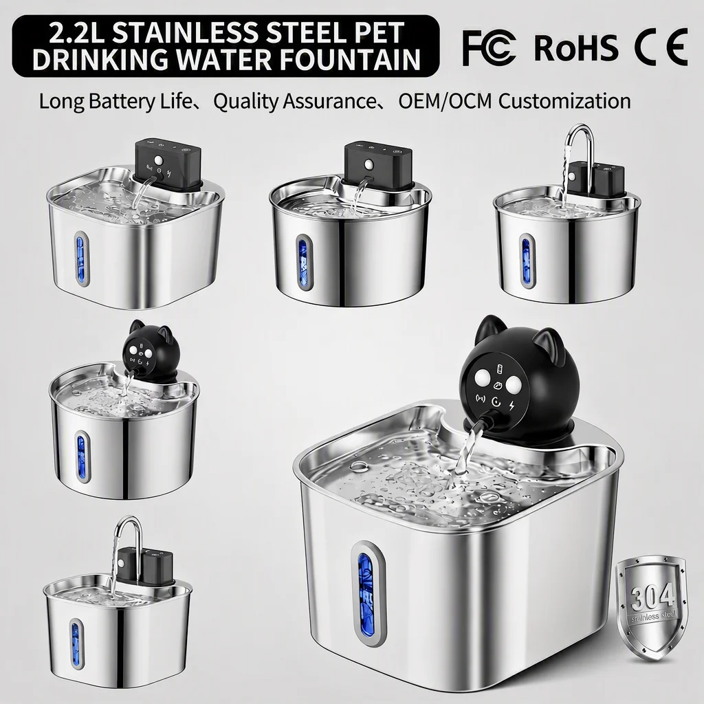 New Intelligent 2.2L Stainless Steel Pet Water Fountain Motion Sensor Wireless Charging Automatic Cat Dog Water Dispenser