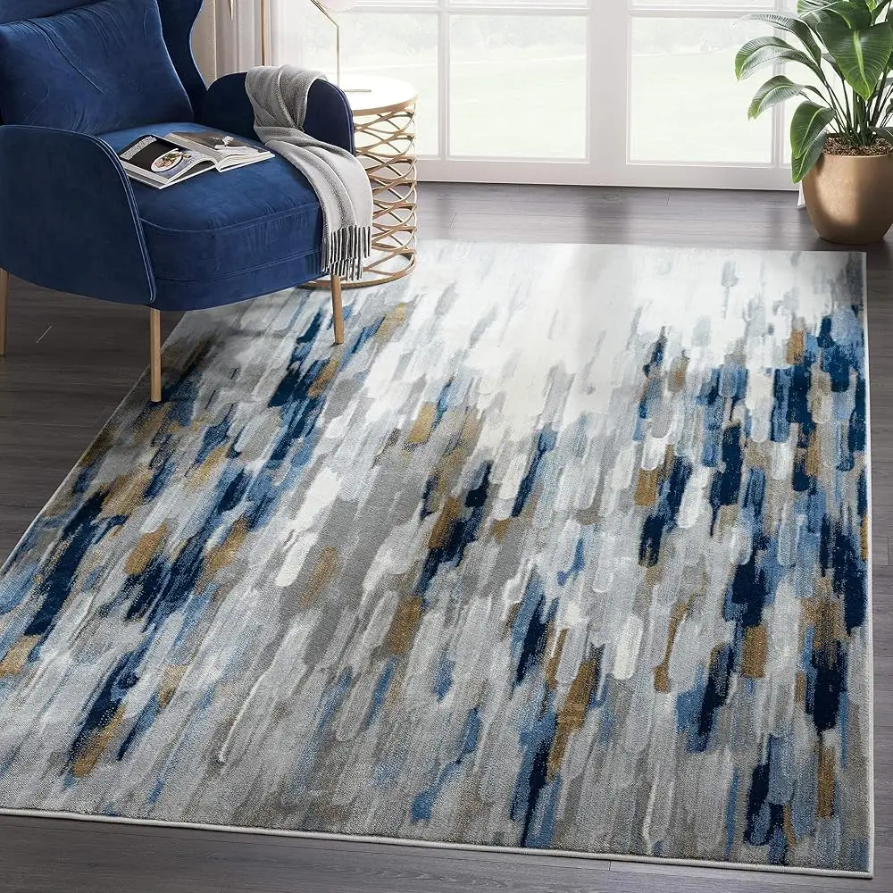 

Porto Collection Area Rug -Grey/Blue Abstract Design -4' X 6' - Easy To Clean - Durable For Kids And Pets - Non-Shedding -