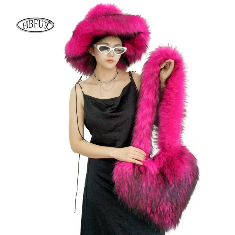 

Luxury Faux Fur Heart-shaped Bag Bucket Hat Set Women Small Handbags Fluffy Plush Ladies Shoulder Bag Fashion Female Furry Purse